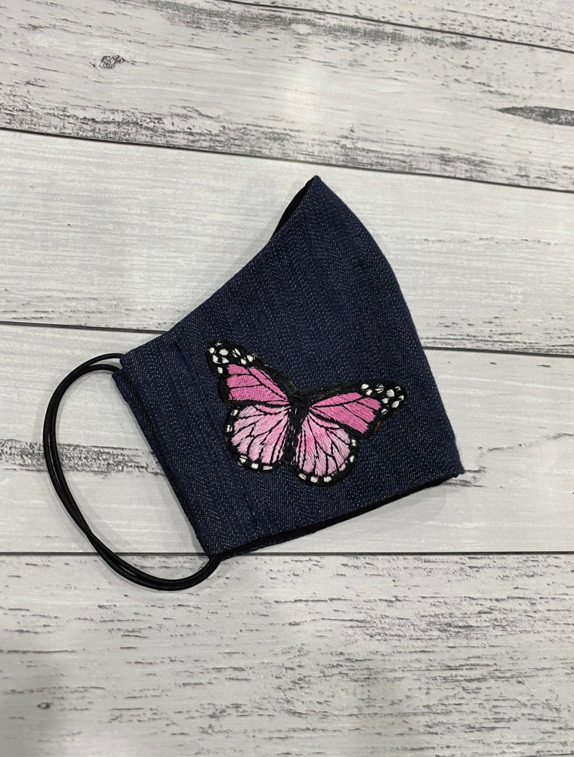 BLUE DENIM MASK - PINK BUTTERFLIES