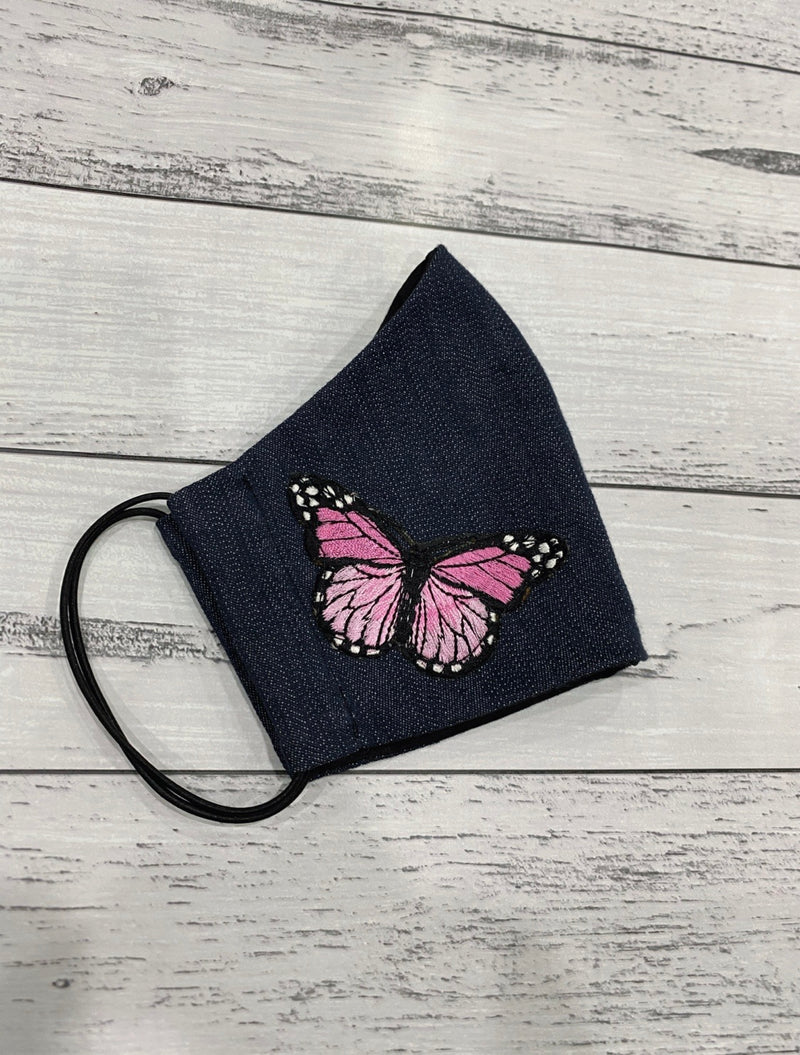 BLUE DENIM MASK - PINK BUTTERFLIES