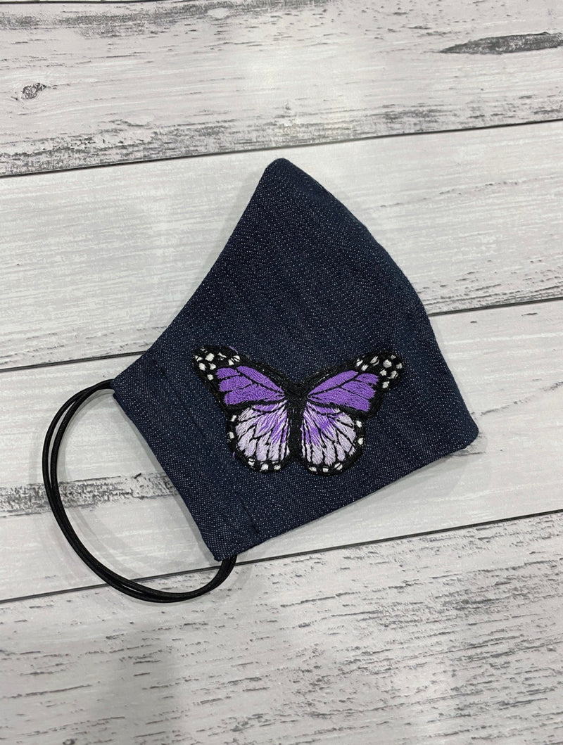 BLUE DENIM MASK - LILAC BUTTERFLIES