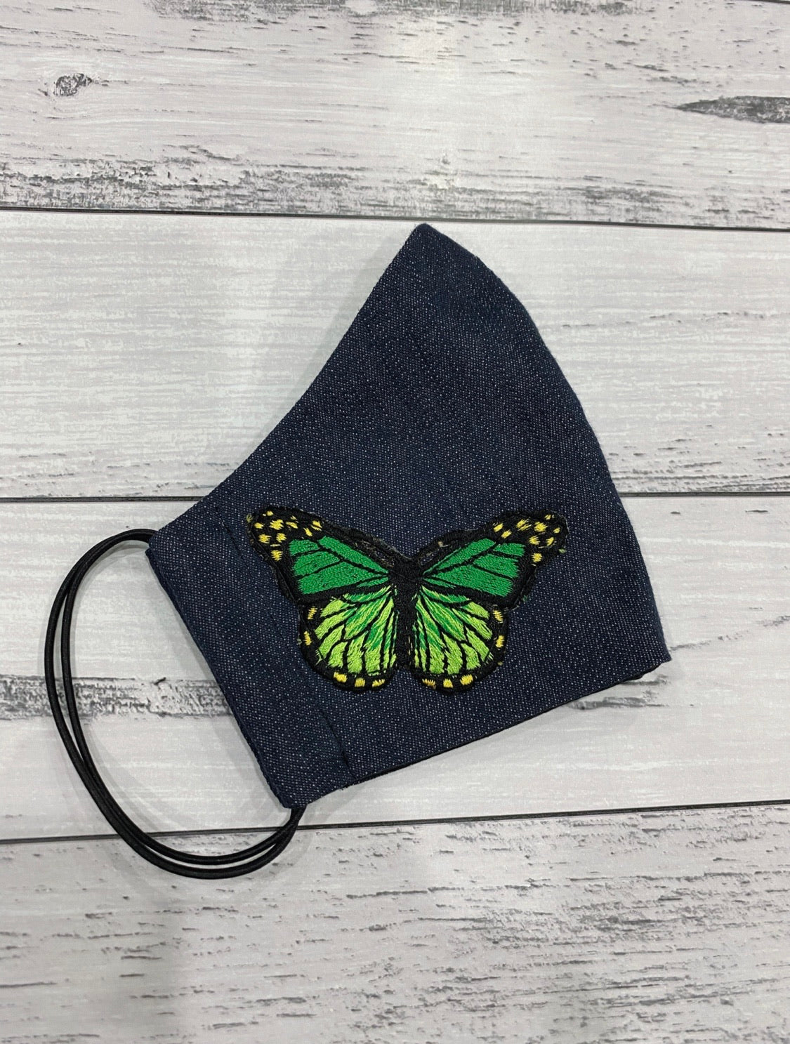 BLUE DENIM MASK - GREEN BUTTERFLIES